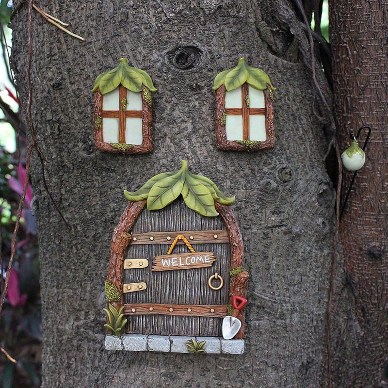 IMOFEE Fairy Door and Windows Garden Kit Accessories Outdoor, Glow in Dark Gnome House for Tree, Lawn Yard Art Sculpture, Miniature Garden Decor (Leaf) - Image 4